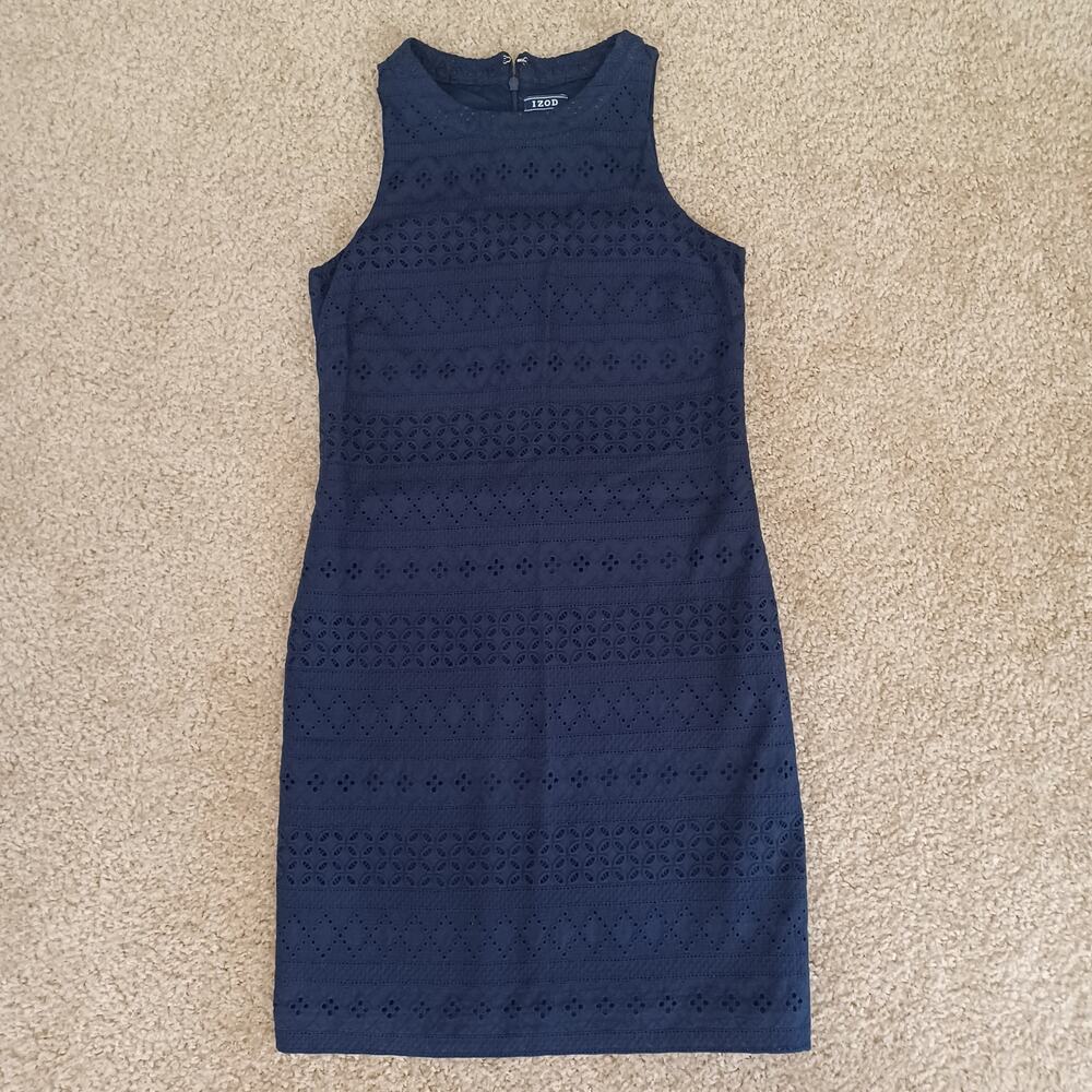 Izod Navy Blue Cotton Eyelet Shift Dress NWOT S - Picture 3 of 11